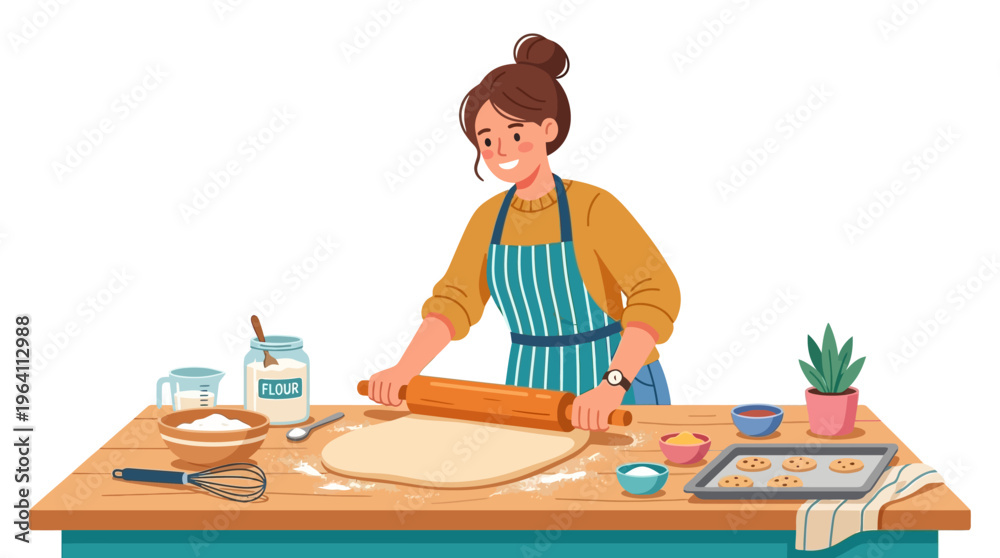 Obraz premium Woman rolling out dough with a rolling pin.