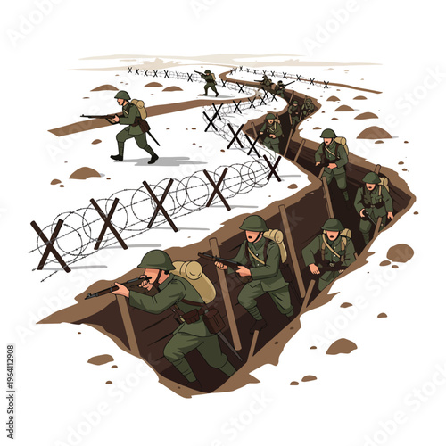 Wartime scene: infantry soldiers moving through trenches and barbed wire on a snowy field