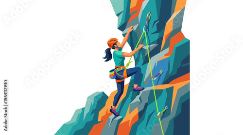 Woman Rock Climbing Up a Steep Mountain Face.