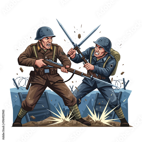 Dynamic vector illustration of two soldiers in intense combat within a battlefield trench
