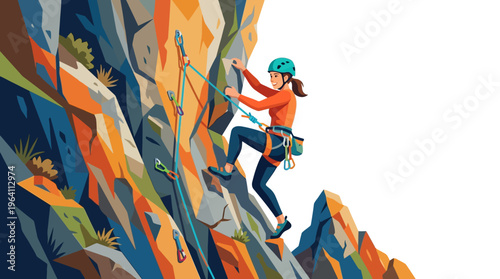 Woman Rock Climbing Up Steep Mountain Face.