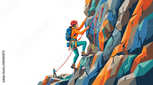 Woman Rock Climbing Up Steep Mountain Face.