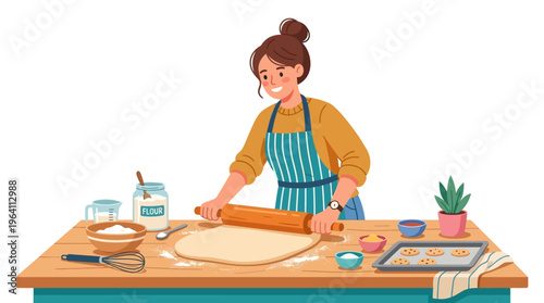 Woman rolling out dough with a rolling pin.