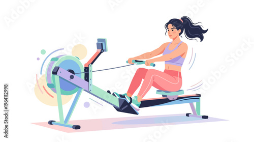 Woman rowing machine workout fitness exercise.