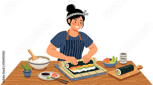 Woman skillfully preparing sushi rolls with fresh ingredients.