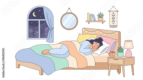 Woman sleeping peacefully in a cozy bed at night.