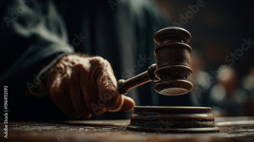 The Verdict of History: Dramatic, cinematic close-up of a judge's hammer in an international court, Generative AI