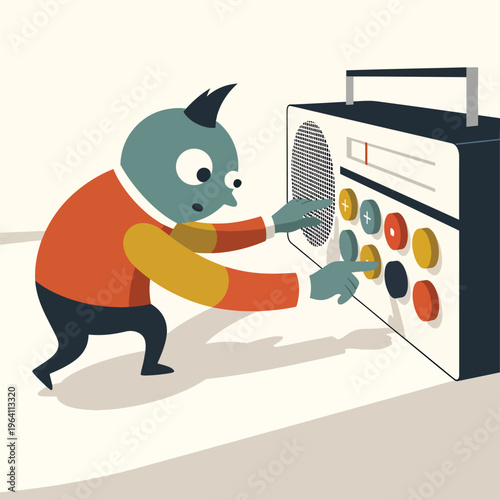 Curious character operating a classic portable radio, adjusting controls, vector graphic