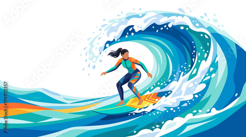 Woman Surfing Big Wave Energetic Ride.