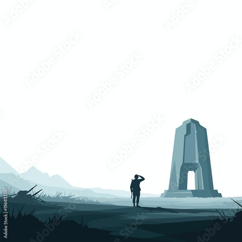 Lone figure observing a monolithic monument in a desolate landscape, minimalist vector illustration of remembrance.