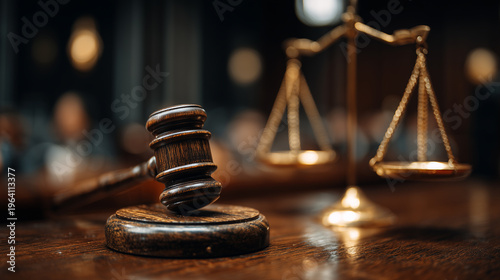 The weight of the law: Gavel in sharp focus against blurred justice scales, Generative AI