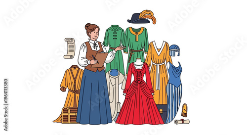 Woman surrounded by historical costumes and accessories.