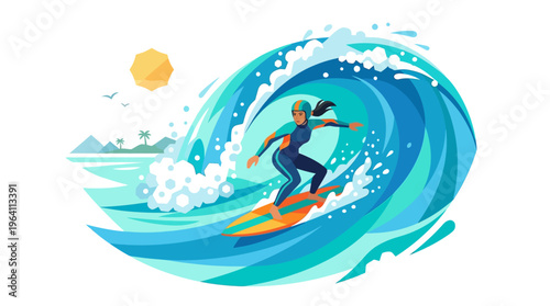 Woman Surfing on a Big Wave.