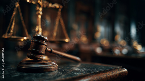 Cinematic close-up of a courtroom gavel ready to strike a verdict, Generative AI