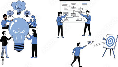 Creative Teamwork and Strategy with Lightbulb, Flowchart, and Target for Innovation, Planning, and Goal Setting Designs