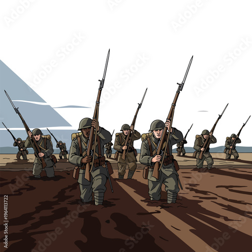 Illustration: determined ground troops advancing through muddy battlefield in wartime.