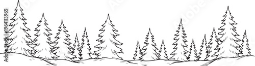 Forest landscape with pine trees silhouette vector horizontal banner for nature designs.