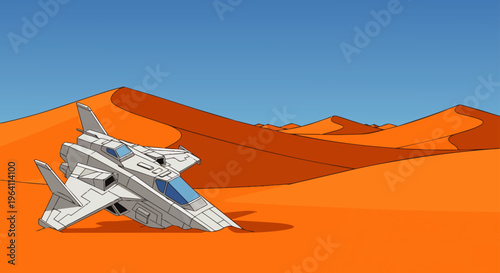crashed spaceship stranded in a vast desert landscape under a clear blue sky perfect for a sci-fi adventure illustration