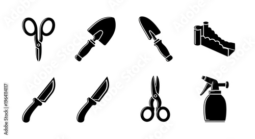 Gardening Tools Silhouette Icons Set: Scissors, Trowels, Knives, Sprayer, and Shears
