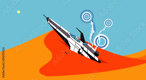 futuristic spaceship desert crash illustration a sci-fi vehicle stuck in red sand dunes with abstract smoke trails from space exploration