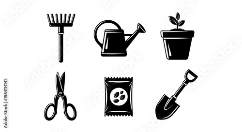 Gardening Tools Icons Set: Rake, Watering Can, Plant Pot, Scissors, Seeds, Shovel