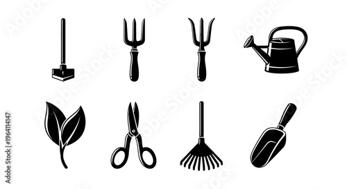 Gardening Tools Set Icons: Spade, Fork, Rake, Trowel, Secateurs, Watering Can, Leaves