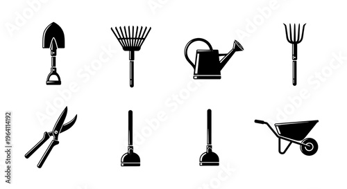 Gardening Tools Icons Set: Shovel, Rake, Watering Can, Fork, Pruners, Plunger, Wheelbarrow