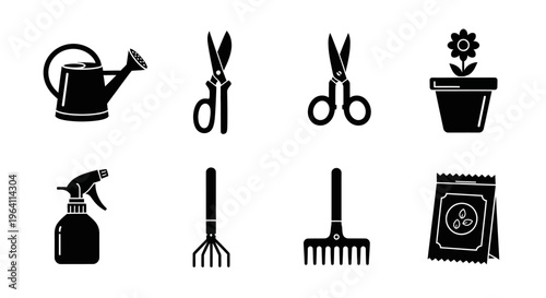 Gardening Tools Icons Set: Watering Can, Pruners, Scissors, Rake, Sprayer, Seed Packet, Potted Plant