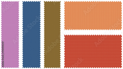 fabric swatches and textile samples featuring a vibrant color palette of textured materials cut with pinking shears