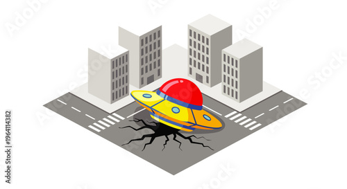 ufo crash illustration showing an alien spaceship impacting an isometric city street causing urban disaster with cracks in the road.