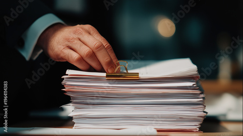 Office Productivity: Clean, high-key image of a hand managing a stack of white paper sheets, Generative AI