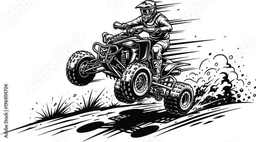 Action-packed black and white vector illustration of a rider jumping an ATV quad bike on dirt track.