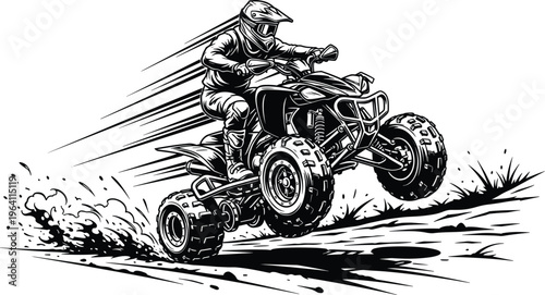Action-packed black and white vector illustration of a rider jumping an ATV quad bike on dirt track.