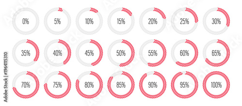 Set of circle percentage progress bar diagrams meters from 0 to 100 ready-to-use for web design, user interface UI or infographic - indicator with red