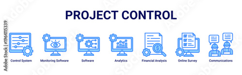 Project Control web banner icon vector illustration with icons of Control System,Monitoring Software,Software,Analytics,Financial Analysis,Online Survey and Communications