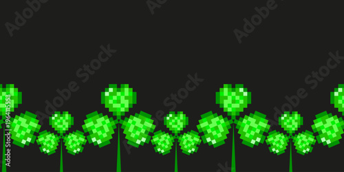 Pixel Green Clover Seamless Border template design isolated black background. Modern geometric Pixel texture Green Clover frame with empty space for text. Vector illustration. EPS 10