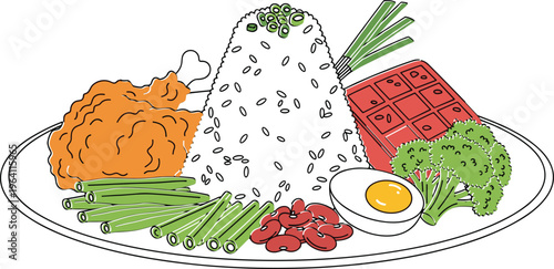 Nasi lemak traditional Malaysian food flat vector illustration with steamed rice fried chicken egg sambal peanuts and vegetables on plate isolated on white background