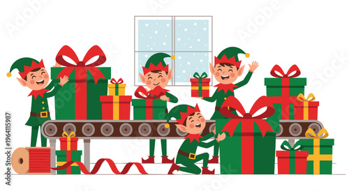 Festive scene with cheerful elves in green outfits and hats working on a conveyor belt. They are busy packing and wrapping Christmas gifts with red ribbons and bows.