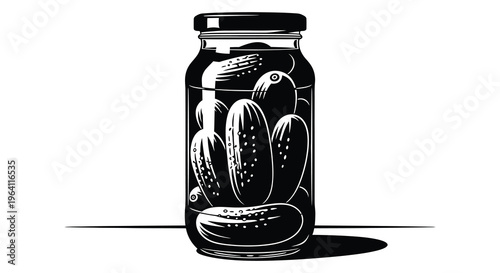 Black and white illustration of pickles inside a glass jar silhouette
