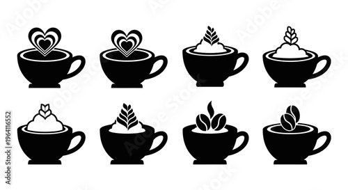 Creative coffee cup icons with heart foam and bean toppings set of minimalist beverage symbols for cafe branding and restaurant menu design in vector format