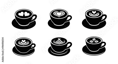 Latte art coffee cup icons with heart and bean patterns top view collection for coffee shop branding and barista menu design in black and white vector format