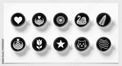 Assortment of ten coffee cups displaying various styles of white foam latte art designs on dark beverage surface viewed from above