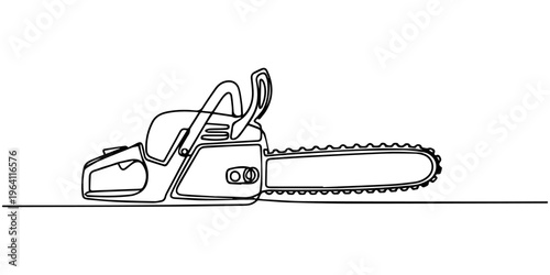 Continuous line drawing of a professional gasoline chainsaw isolated on white background