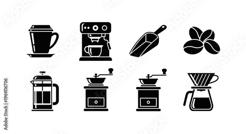 Coffee Making Equipment Icons: Espresso Machine, French Press, Grinders, Pour Over