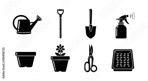 Gardening Tools and Supplies Icon Set - Watering Can, Shovel, Pot, Scissors, Sprayer