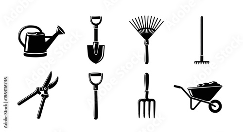 Set of Black Garden Tools Icons: Watering Can, Shovel, Rake, Secateurs, Pitchfork, Wheelbarrow