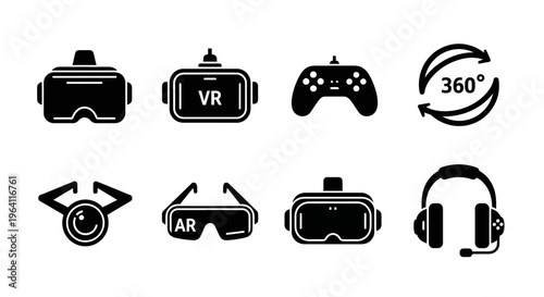Virtual Reality VR AR Headset, Game Controller, 360 Icon, Headphones Set Icons