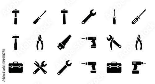 Collection of Black Icons Representing Tools and Equipment for Construction and Repair