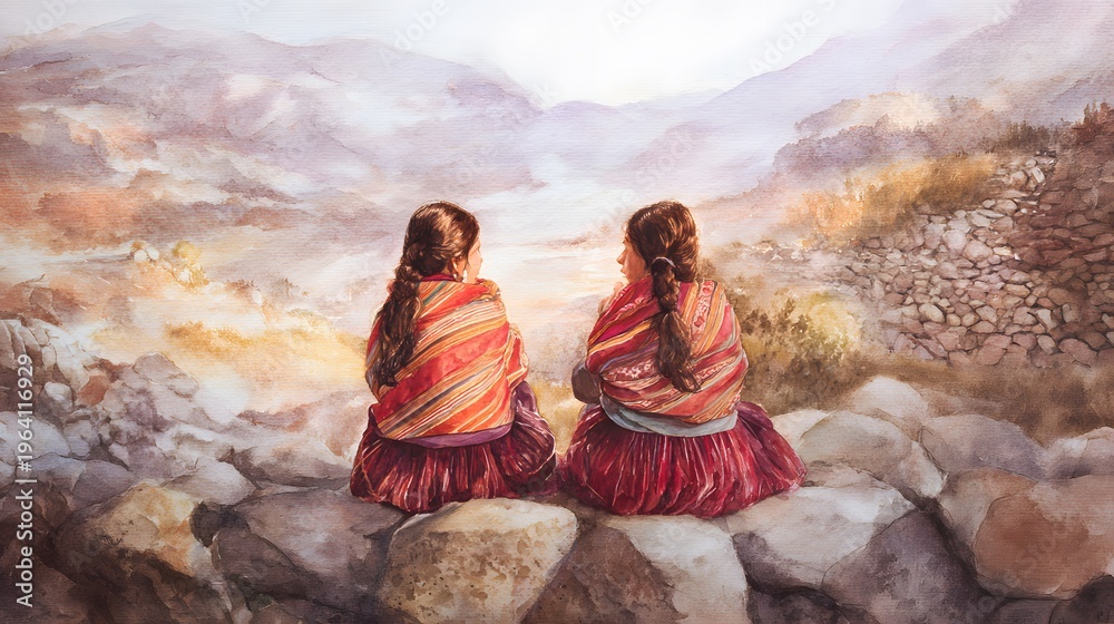 Fototapeta premium Andean Women Admire Mountain Vista Serene Watercolor Illustration of Cultural Heritage and Peaceful Beauty