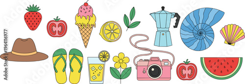 Summer vacation items set with hat camera flip flops lemonade fruits ice cream illustration collection